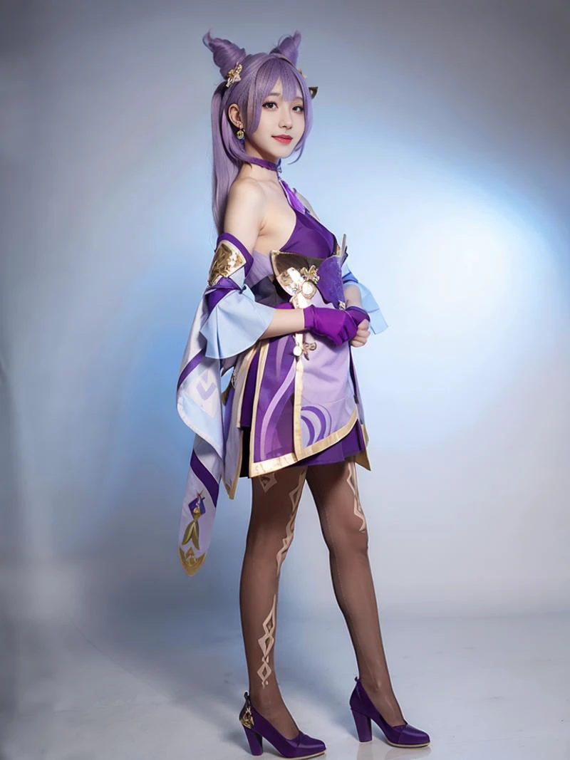 [from front|from below] and (photorealistic:1.4) and (Realistic:1.4) and Detailed Skin Textures and detailed skin pores and high skin detail,genshin impact, a photo of 18 year old Chinese woman named keqing,solo, long hair, looking at viewer, bangs,hair ornament,hair between eyes, bare shoulders,  twintails,(standing), purple eyes,Detailed eyes and detailed facial features and  full body,Looking at the camera with a natural smile, purple hair,(wearing detached sleeves and wide sleeves),wearing jewelry and earrings ,wearing purple and gold high heels,purple tassel choker,pantyhose,braid,(purple dress),(double bun, cone hair bun),wearing purple gloves,studio light,<lyco:keqing genshin impactV1:0.9>,simple background