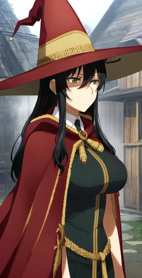 AK,1girl, solo, portrait, upper body, (big breasts), expressionless, long hair, ahoge, ((wearing witch outfit, cloak, hat)), (haunted house background), perfect quality, good quality, masterpiece, HDR, UHD <lora:Ayaka Kagari:0.8>