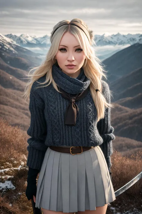 (1girl), a photo of a (em1ly-browning-t2) standing on a mountain, looking at camera, blonde babyd0ll hair, ((blue schoolgirl uniform top)), (grey scarf), (blue sweater), ((blue schoolgirl uniform skirt)), ((knee high black socks)), ((holding a katana)), snow, blizzard, natural skin texture, 24mm, 4k textures, soft cinematic light, adobe lightroom, photolab, hdr, intricate, elegant, highly detailed, sharp focus, ((((cinematic look)))), soothing tones, insane details, intricate details, hyperdetailed, low contrast, soft cinematic light, dim colors, exposure blend, hdr, faded, black<lora:epiNoiseoffset_v2Pynoise:1.0>