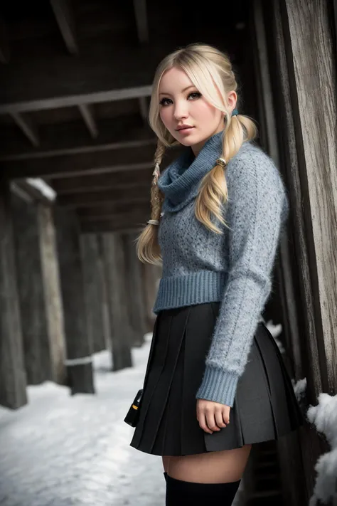 (1girl), a photo of a (em1ly-browning-t2) standing on a mountain, looking at camera, blonde babyd0ll hair, ((blue schoolgirl uniform top)), (grey scarf), (blue sweater), ((blue schoolgirl uniform skirt)), ((knee high black socks)), ((holding a gatling gun)), snow dojo stairs, blizzard. fighting stance, natural skin texture, 24mm, 4k textures, soft cinematic light, adobe lightroom, photolab, hdr, intricate, elegant, highly detailed, sharp focus, ((((cinematic look)))), soothing tones, insane details, intricate details, hyperdetailed, low contrast, soft cinematic light, dim colors, exposure blend, hdr, faded, black<lora:epiNoiseoffset_v2Pynoise:1.0>