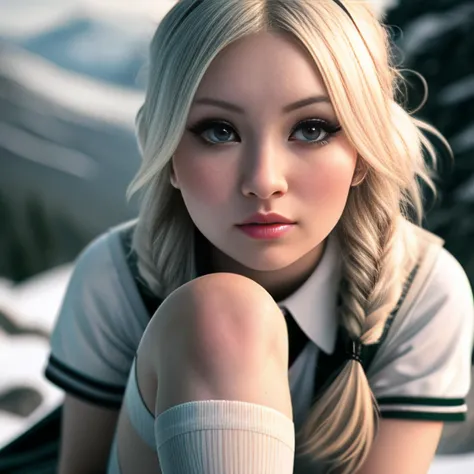 (1girl), a photo of a (em1ly-browning-t2) standing on a mountain, looking at camera, blonde d0ll hair, ((schoolgirl uniform)), ((knee high white socks)), katana, natural skin texture, 24mm, 4k textures, soft cinematic light, adobe lightroom, photolab, hdr, intricate, elegant, highly detailed, sharp focus, ((((cinematic look)))), soothing tones, insane details, intricate details, hyperdetailed, low contrast, soft cinematic light, dim colors, exposure blend, hdr, faded,