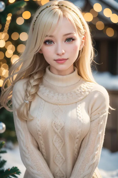 (RAW 8k photo) of em1ly-browning-t2, blonde d0ll hair, (wearing edgPO pullover, edgPO, christmas themed sweater), <lora:edgPullovers:1>, (wearing leggings), (RAW photo, best quality), (realistic, photo-realistic:1.4), masterpiece, (cowboy shot), an extremely delicate and beautiful, extremely detailed, 2k wallpaper, Amazing, finely detail, extremely detailed CG unity 8k wallpaper, ultra-detailed, highres, soft light, mascara, makeup, beautiful detailed woman, smiling, perfect anatomy, long hair, extremely detailed eyes and face, beautiful detailed nose, beautiful detailed eyes, cinematic lighting, in the garden, christmas backdrop, winter scenery, christmas decorations, snowy backdrop
