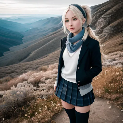 (1girl), a photo of a (em1ly-browning-t2) standing on a mountain, looking at camera, blonde d0ll hair, ((blue schoolgirl uniform top)), (grey scarf), ((blue schoolgirl uniform skirt)), ((knee high black socks)), katana, natural skin texture, 24mm, 4k textures, soft cinematic light, adobe lightroom, photolab, hdr, intricate, elegant, highly detailed, sharp focus, ((((cinematic look)))), soothing tones, insane details, intricate details, hyperdetailed, low contrast, soft cinematic light, dim colors, exposure blend, hdr, faded,