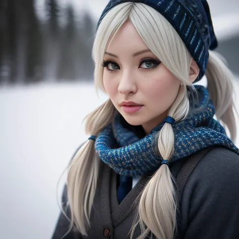 (1girl), a photo of a (em1ly-browning-t2) standing on a mountain, looking at camera, blonde d0ll hair, ((blue schoolgirl uniform top)), (grey scarf), (blue sweater), ((blue schoolgirl uniform skirt)), ((knee high black socks)), ((holding a katana)), snow, blizzard, natural skin texture, 24mm, 4k textures, soft cinematic light, adobe lightroom, photolab, hdr, intricate, elegant, highly detailed, sharp focus, ((((cinematic look)))), soothing tones, insane details, intricate details, hyperdetailed, low contrast, soft cinematic light, dim colors, exposure blend, hdr, faded,