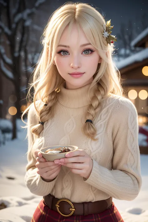 (RAW 8k photo) of em1ly-browning-t2, blonde d0ll hair, (wearing edgPO pullover, edgPO, christmas themed sweater), <lora:edgPullovers:1>, (wearing leggings), (RAW photo, best quality), (realistic, photo-realistic:1.4), masterpiece, (cowboy shot), an extremely delicate and beautiful, extremely detailed, 2k wallpaper, Amazing, finely detail, extremely detailed CG unity 8k wallpaper, ultra-detailed, highres, soft light, mascara, makeup, beautiful detailed woman, smiling, perfect anatomy, long hair, extremely detailed eyes and face, beautiful detailed nose, beautiful detailed eyes, cinematic lighting, in the garden, christmas backdrop, winter scenery, christmas decorations, snowy backdrop
