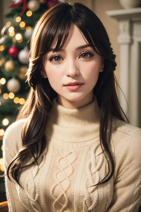 (RAW 8k photo) of em1ly-browning-t2, (wearing edgPO pullover, edgPO, christmas themed sweater), <lora:edgPullovers:1>, (RAW photo, best quality), (realistic, photo-realistic:1.4), masterpiece, an extremely delicate and beautiful, extremely detailed, 2k wallpaper, Amazing, finely detail, extremely detailed CG unity 8k wallpaper, ultra-detailed, highres, soft light, mascara, makeup, beautiful detailed woman, smiling, perfect anatomy, long hair, extremely detailed eyes and face, beautiful detailed nose, beautiful detailed eyes, cinematic lighting, in the front room, christmas backdrop, winter scenery, christmas decorations, fireplace