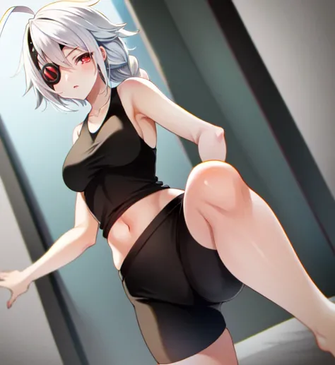 (masterpiece), (best quality), 1girl, solo, (Nu-13), red eyes, white hair, braid, ahoge, eyepatch, yoga pants, tank top, sports top, gym