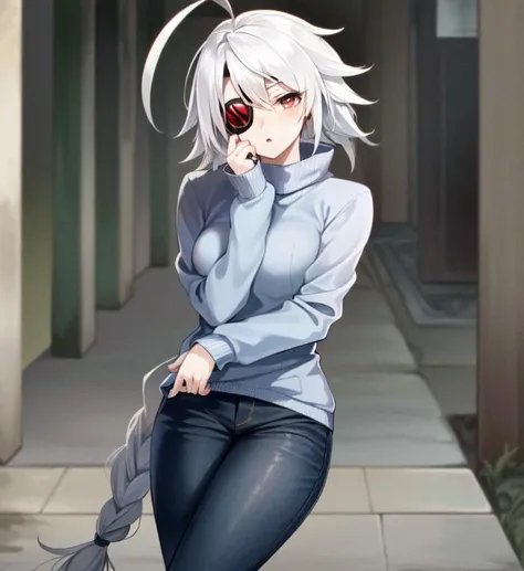 (masterpiece), (best quality), 1girl, solo, (Nu-13), red eyes, white hair, braid, ahoge, eyepatch, jeans, tight pants, sweater, city, street