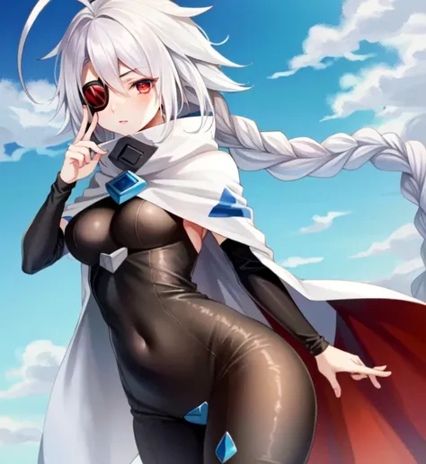 (masterpiece), (best quality), 1girl, solo, (Nu-13), red eyes, (bodysuit), unitard, (skin tight), white hair, braid, ahoge, eyepatch, outdoor, cape, capelet, detached sleeves,