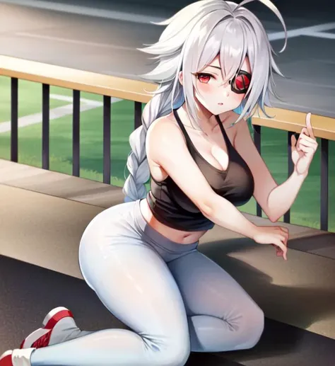 (masterpiece), (best quality), 1girl, solo, (Nu-13), red eyes, white hair, braid, ahoge, eyepatch, yoga pants, tank top, sports top, gym