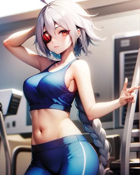 masterpiece, best quality, 1girl, solo, (Nu-13), red eyes, white hair, braid, ahoge, eyepatch, yoga pants, tank top, sports top, gym