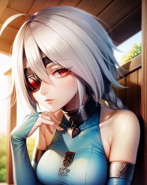 masterpiece, best quality, 1girl, solo, (Nu-13), red eyes, (bodysuit), unitard, (skin tight), white hair, single braid, ahoge, eyepatch, outdoor, bare shoulders, detached sleeves, bridal gauntlets, close-up, profile, detailed face, beautiful face,