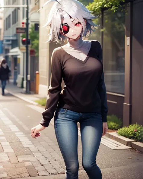 masterpiece, best quality, 1girl, solo, (Nu-13), red eyes, white hair, braid, ahoge, eyepatch, jeans, tight pants, sweater, city, street