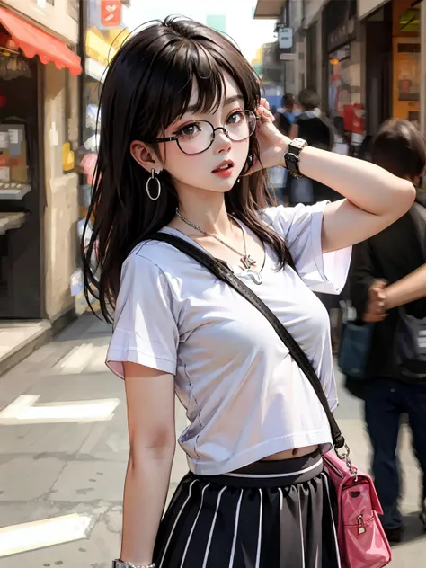 masterpiece, best quality, ultra-detailed, illustration,
paisura, 1girl, geek glasses, small breasts, shirt, wristwatch, jewelry, strap between breasts, earrings, long hair, white shirt, striped, short sleeves, black hair, striped shirt, bag, skirt, solo focus, blurry, t-shirt, between breasts, necklace, handbag
<lora:paisura:0.6:NP> ti-paisura