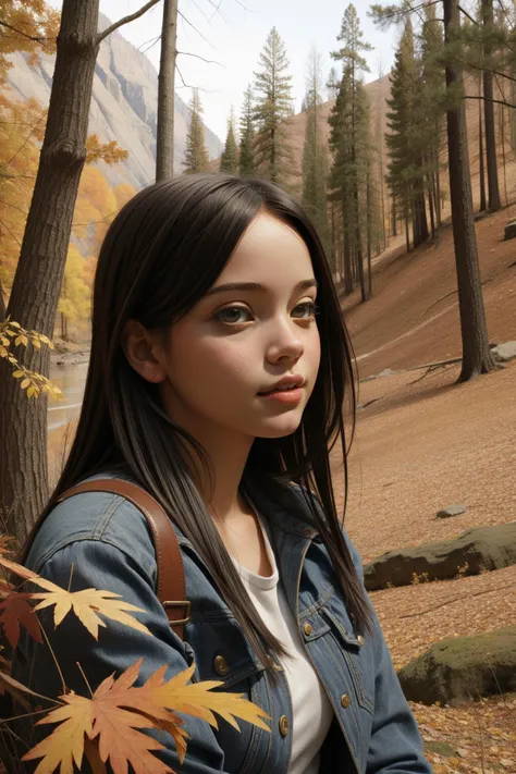 Little latina girl walking through autumn woods, long wavy hair, photorealistic, symmetrical face, symmetrical eyes, looks into the camera, soft pastel colours, intricate, path tracing, illustration, insanely detailed, direct sunlight on face, path traced hair
