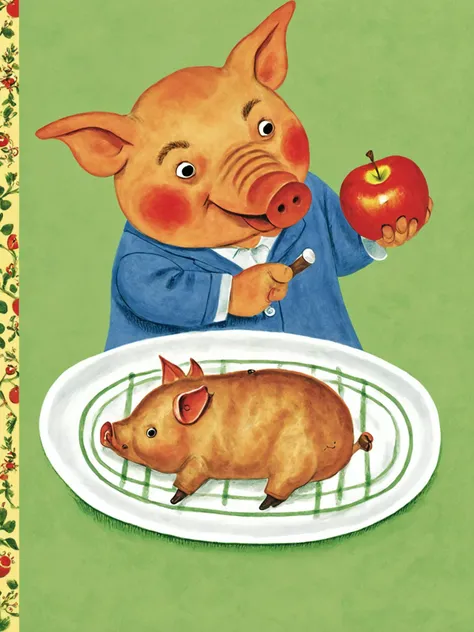 a children's book illustration of a grilled suckling pig on a platter with an apple in its mouth, art by Richard Scarry  <lora:Richard_Scarry_Style_XL:0.8>