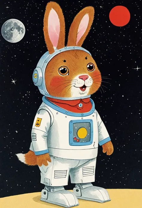 a children's book illustration of , art by Richard Scarry ,   illustration of a cute cartoon character, a clever robot bunny ,  space on the background,  (((masterpiece))), (best quality),  detailed  ,     <lora:Richard_Scarry_Style_XL-000006:0.7>