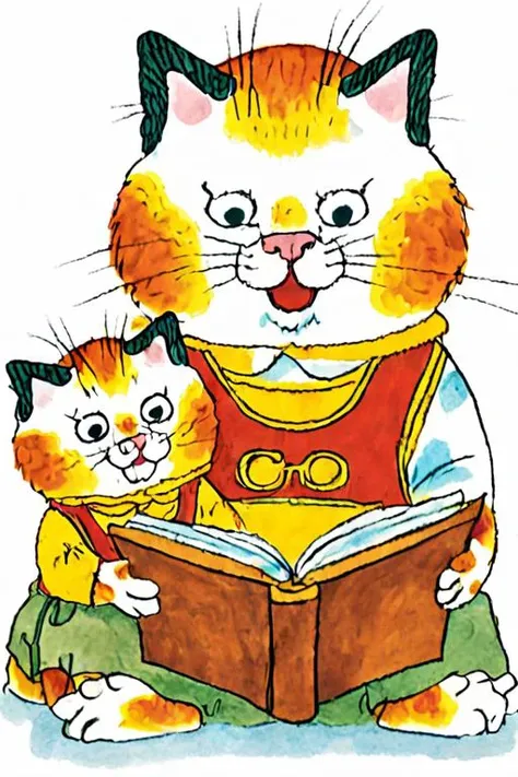 a children's book illustration of a cat reading a book to two kittens , art by Richard Scarry <lora:Richard_Scarry_Style_XL-000006>