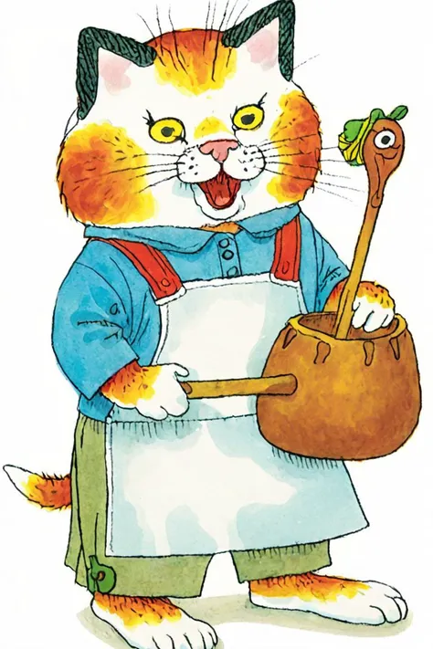 a children's book illustration of a cat baker , art by Richard Scarry <lora:Richard_Scarry_Style_XL-000006>