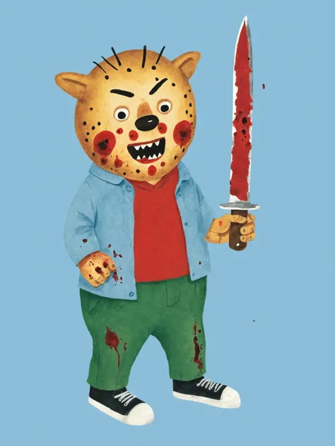 a children's book illustration of jason from friday the 13th holding a bloody knife, art by Richard Scarry  <lora:Richard_Scarry_Style_XL:0.8>