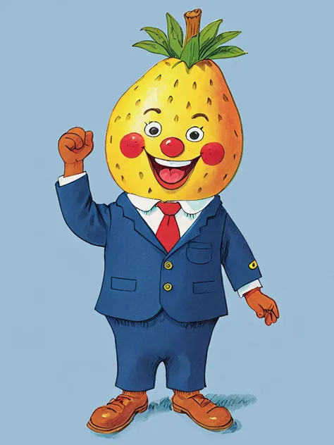 a children's book illustration of , art by Richard Scarry , illustration of cartoon character anthropomorphic fruite smiling, (wearing a suite:1.4), dynamic pose, detailed,  <lora:Richard_Scarry_Style_XL-000006:0.8>