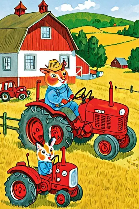 a children's book illustration of a farm scene with a tractor , art by Richard Scarry <lora:Richard_Scarry_Style_XL-000006>