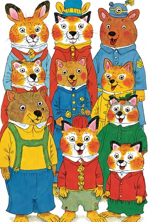 a children's book illustration of a group of cartoon animals dressed in costumes art , art by Richard Scarry <lora:Richard_Scarry_Style_XL-000006>