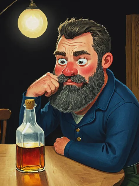 a children's book illustration of , art by Richard Scarry , a portrait of a seaman with a rugged, thick beard, capturing a slightly befuddled expression, he is sitting at the table next to him there is a bottle of whiskey, focus is on his facial expressions and the subtle details like the texture of his beard and the glint in his eyes, cozy, slate gray atmosphere, soft cinematic light, <lora:Richard_Scarry_Style_XL-000006:1>