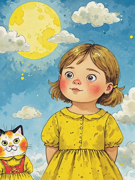 a children's book illustration of , art by Richard Scarry , Girl and cat watching the sky clouds, yellow dress, face to the camera, cloudy sky, fantasy, ink splatter, cute, 2d, flat, Adorable, vintage, fairy tale, Detailed storybook illustration, intricate details, mystical, luminism, vibrant colors, complex background     <lora:Richard_Scarry_Style_XL:0.8>