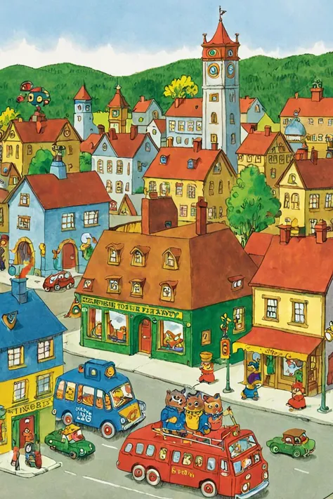 a children's book illustration of a town , art by Richard Scarry <lora:Richard_Scarry_Style_XL-000006>