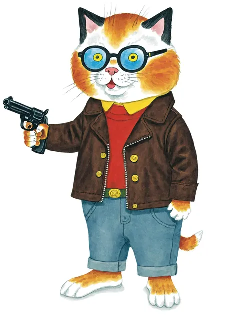 a children's book illustration of a cat wearing a leather jacket and sunglasses pointing a revolver handgun, art by Richard Scarry <lora:Richard_Scarry_Style_XL:0.8>