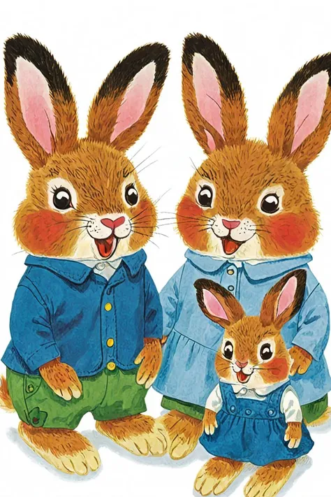 a children's book illustration of a cartoon rabbit family on a white background , art by Richard Scarry <lora:Richard_Scarry_Style_XL-000006>