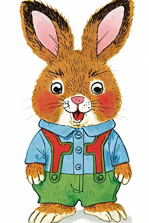 a children's book illustration of a cartoon rabbit on a white background , art by Richard Scarry <lora:Richard_Scarry_Style_XL-000006>
