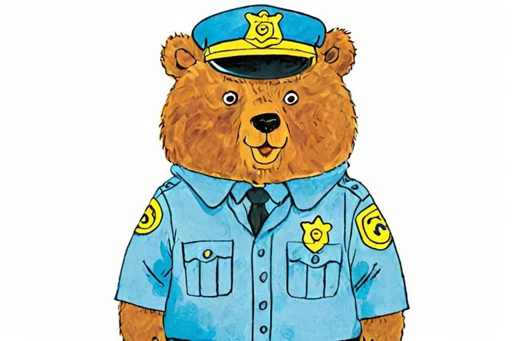 a children's book illustration of a police officer bear on a white background , art by Richard Scarry <lora:Richard_Scarry_Style_XL-000006>