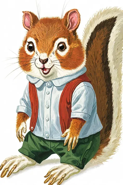a children's book illustration of a squirrel on a white background , art by Richard Scarry <lora:Richard_Scarry_Style_XL-000006>