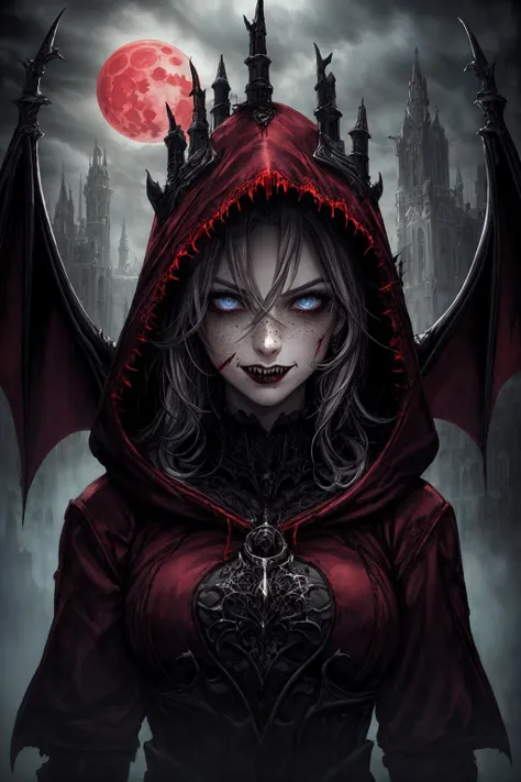 masterpiece, hyper detailed, best quality, extreme detailed, illustration, delicate composition,  <lora:tangbohu-detailer_1.0:0.75>, <lora:sharpen-soften:-0.3>,
1 girl, adult (elven:0.7) woman, freckles, grey-blue eyes, dark blonde bun hair,
Style-GravityMagic, portrait, solo, upper body, looking at viewer, detailed background, detailed face, (<lora:GothicHorrorAI:0.5>, gothichorrorai, gothic theme:1.1) vampire, glowing eyes, vampiric, pale skin, vampire fangs,  [dark:dark purple:5] clothes, hooded,  high collars,  brooding, evil smirk, blood stains, haunting,   magical red glow, bats in background, cobwebs, dark castle in background, red moon,   contrast, fog, shadows, mysterious atmosphere,
<lora:zaunT_zaunV1:0.3>,
