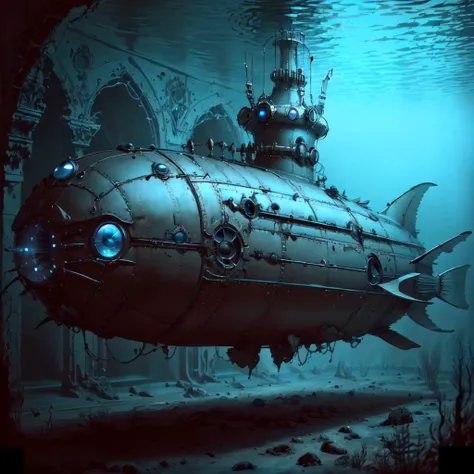<lora:GothicHorrorAI:.8>, GothicHorrorAI submarine, underwater , concept art