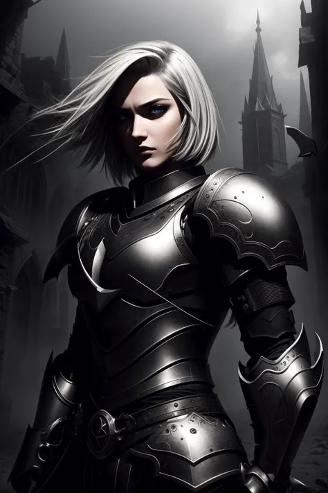 (Highest Quality, UHD,8k,masterpiece, Amazing Details), (cinematic colors, cinematic lighting, incredible details, dark shading, rich shading, perfect lighting), BREAK, destroyed city, purple fog, dusty, destroyed, dirty, <lora:GothicHorrorAI:.4>, BREAK, (hand-drawn), (fantasy), digital rpg art, D&D style, (woman:1.4), ((adult)), (30 yo), bob cut, blonde hair, wispy hair, light hair, curved hair, grey armor, armor, iron armor, (plain plate male:1.1), knight, stern look, serious, weathered, gruff, soldier, seasoned warrior, heavily weathered, tired, worn-out, (small eyes:1.2), perfecteyes eyes, <lyco:locon_perfecteyes_v1_from_v1_64_32:.7>, <lyco:GoodHands-beta2:1>, <lora:more_details:.4>, <lora:LowRA:.2>, <lora:Alex:.3>