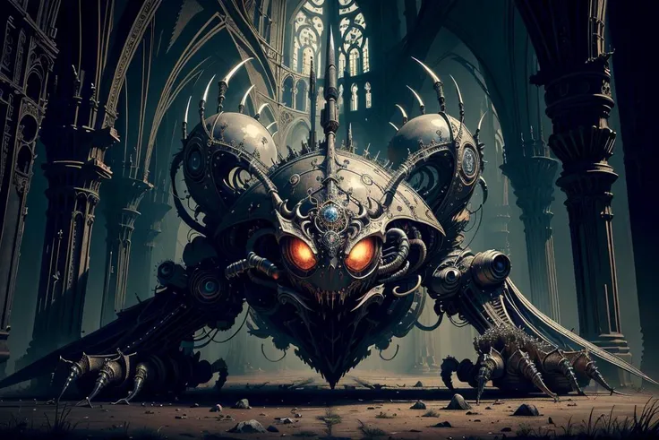 (masterpiece, top quality, best quality, official art, beautiful and aesthetic:1.2), (fractal art:1.1) ,<lora:gothichorrorai_v10:0.6> gothichorrorai Cyborg spider