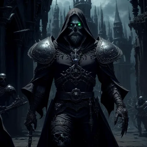 necromancer conjures and summons skeletons, (young man 30 years old with small beard), green glowing eyes, magician conjures and uses magic, a man dressed in a dark caftan with a cloak and fur shoulder pads, (upper body), ((close up)), hyper detailed face, black and blue rich aristocratic suit, ruined fallen citadel on the background, <lora:add_detail:0.6>, extra detailed art, world of victorious evil, the army of skeletons goes on the assault, <lora:LowRA:0.2>, <lora:GothicHorrorAI:0.5>, artstation realistic winning award art by professional concept artists, realistic shot, realistic face, skin pores, realistic art