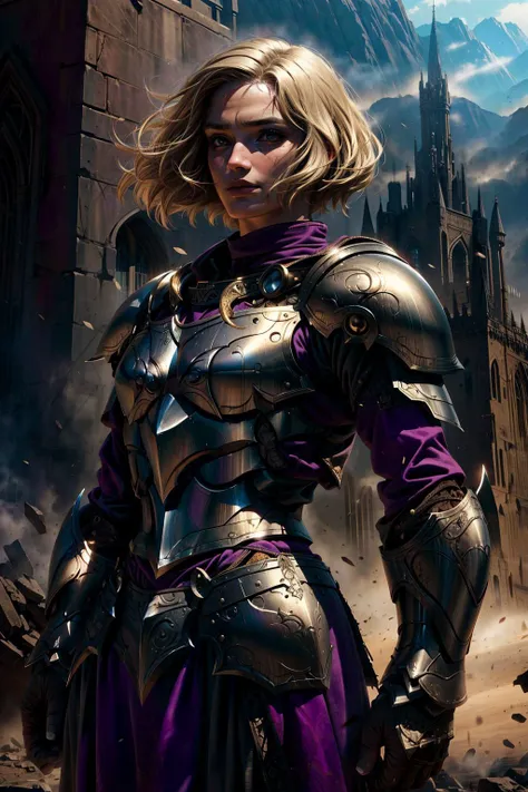 (Highest Quality, UHD,8k,masterpiece, Amazing Details), (cinematic colors, cinematic lighting, incredible details, dark shading, rich shading, perfect lighting), BREAK, destroyed city, purple fog, dusty, destroyed, dirty, <lora:GothicHorrorAI:.4>, BREAK, (hand-drawn), (fantasy), digital rpg art, D&D style, (woman:1.4), ((adult)), (30 yo), bob cut, blonde hair, wispy hair, light hair, curved hair, grey armor, armor, iron armor, (plain plate male:1.1), knight, stern look, serious, weathered, gruff, soldier, seasoned warrior, heavily weathered, tired, worn-out, (small eyes:1.2), perfecteyes eyes, <lyco:locon_perfecteyes_v1_from_v1_64_32:.7>, <lyco:GoodHands-beta2:1>, <lora:more_details:.4>, <lora:LowRA:.2>, <lora:Alex:.3>