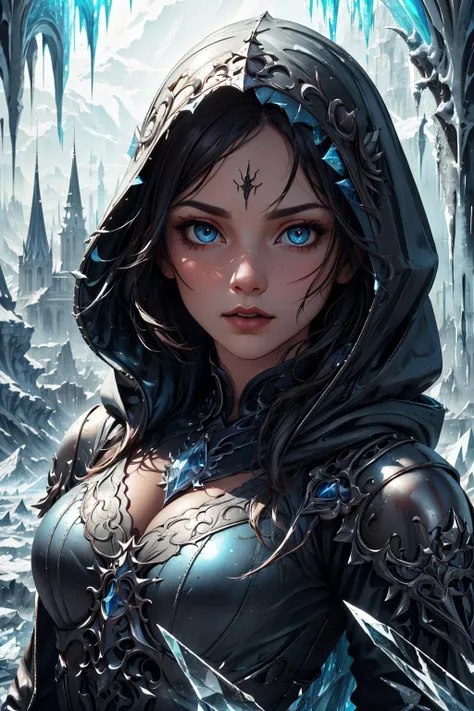(masterpiece, best quality), <lora:add_detail_v5:1>, <lora:stylesqueeze_v1b:0.5>,
1 girl, adult (elven:0.7) woman, hazel eyes, medium brown short hair,
solo, upper body, detailed background, detailed face, (<lora:GothicHorrorAI:0.5>, gothichorrorai, gothic theme:1.1), blue winter warrior, paladin, dynamic pose, hooded robe, surrounded by magical aura, floating ice shards, icicles, cold, icy background, frozen natural landscape in background epic atmosphere,