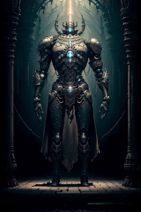 (masterpiece, top quality, best quality, official art, beautiful and aesthetic:1.2), (fractal art:1.1) ,<lora:gothichorrorai_v10:0.8> gothichorrorai Cyborg Android AI,full body,indian style,one kneel,pray,