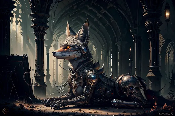 (masterpiece, top quality, best quality, official art, beautiful and aesthetic:1.2), (fractal art:1.1) ,<lora:gothichorrorai_v10:0.8> gothichorrorai Cyborg fox