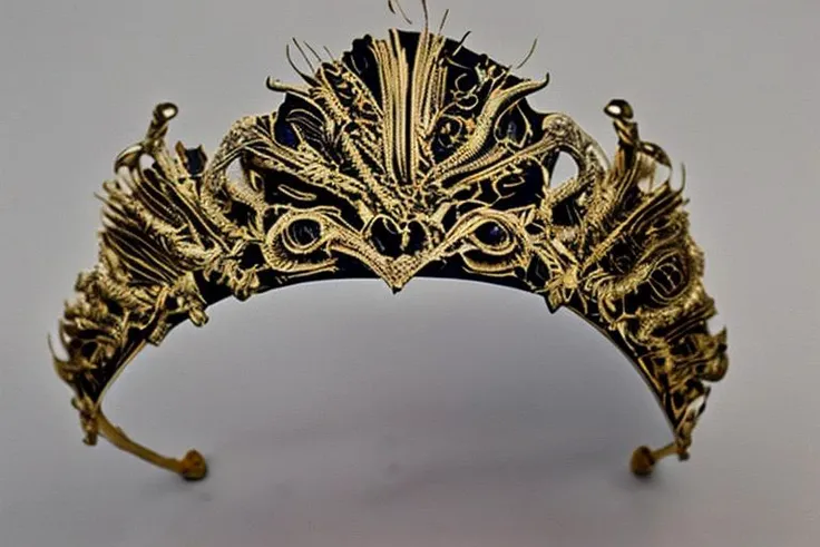 DREAD, gold tiara with untraditional designs, some simply geometrical, some plainly marine, molded in high relief, intricate detail, disturbingly ornate, horror, <lora:Calligraphy art:1>.
