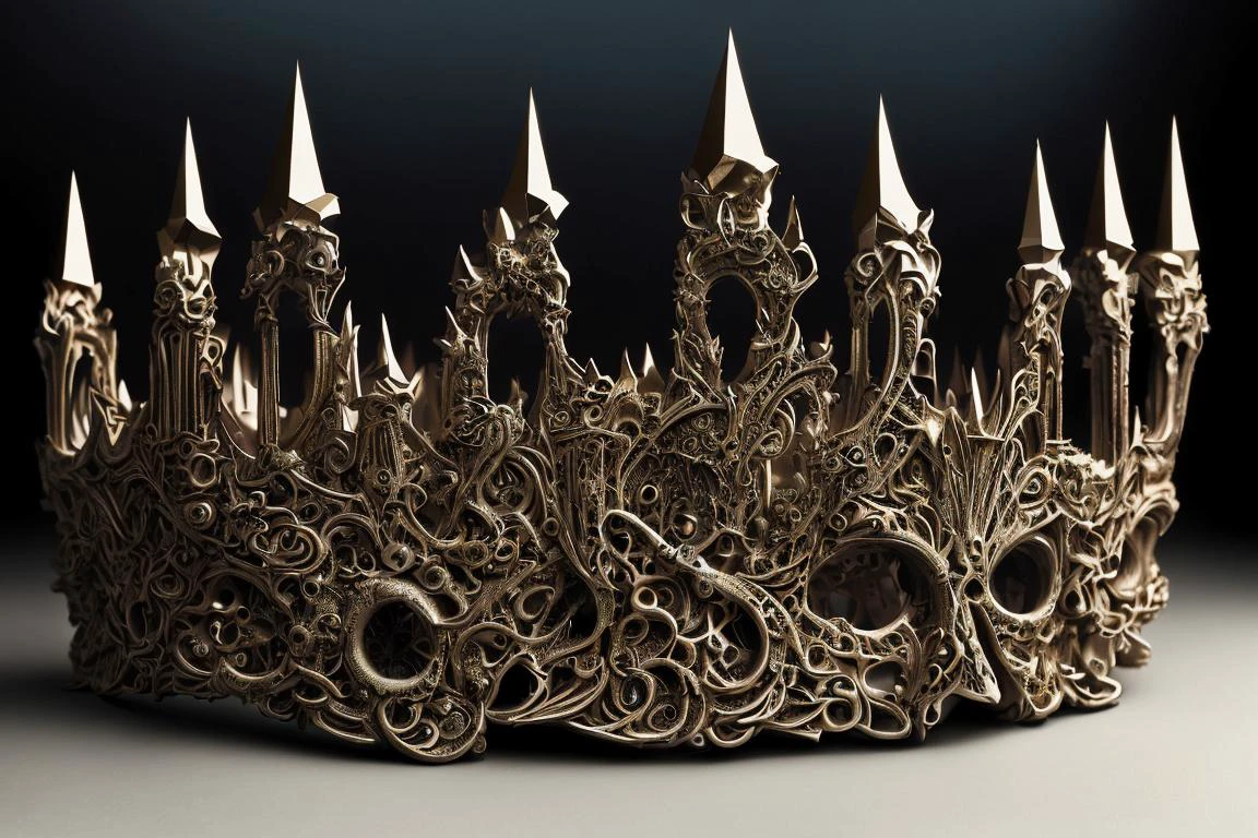 DREAD, gold tiara with untraditional designs, some simply geometrical, some plainly marine, molded in high relief, intricate detail, disturbingly ornate, horror, <lora:Calligraphy art:.5>, <lora:cthulhuV50_v11:.6>, <lora:gothichorrorai_v10:.7>.