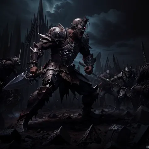 An amazing full body illustration of a (thin but muscular) man wearing edgDeathKnight armor <lora:edg_DeathKnight:0.75>, (holding an GothicPunkAI axe), (charging into battle:1.3), (grim GothicPunkAI full plate armor, gothic print, imprinted skulls:1.25), ((on the battlefield:1.3, muddy, frozen, blizzard, horror, spooky, mystical sky:1.3, fire, detailed cloudscape, outdoors)), intimidating figure, confidence, powerful, best shadow, intricate background, masterpiece, detailed clothes, screaming, textured fabric, (angry face:1.3), (floating debris:1.2), dark shadows, (direct eye contact:1.4), ((action pose, dynamic pose)), sharp focus, cinematic lighting, soft colors, high detail <lora:add_detail:0.45> <lora:GothicHorrorAI:0.65>, dark theme
<lora:lowra_v10:0.7>