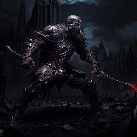 An amazing full body illustration of a (thin but muscular) man wearing edgDeathKnight armor <lora:edg_DeathKnight:0.85>, (holding an GothicPunkAI axe), (charging into battle:1.3), (grim GothicPunkAI full plate armor, gothic print, imprinted skulls:1.25), ((on the battlefield:1.3, muddy, frozen, blizzard, horror, spooky, mystical sky:1.3, fire, detailed cloudscape, outdoors)), intimidating figure, confidence, powerful, best shadow, intricate background, masterpiece, detailed clothes, screaming, textured fabric, (angry face:1.3), (floating debris:1.2), dark shadows, (direct eye contact:1.4), ((action pose, dynamic pose)), sharp focus, cinematic lighting, soft colors, high detail <lora:add_detail:0.45> <lora:GothicHorrorAI:0.65>, dark theme
<lora:lowra_v10:0.7>
