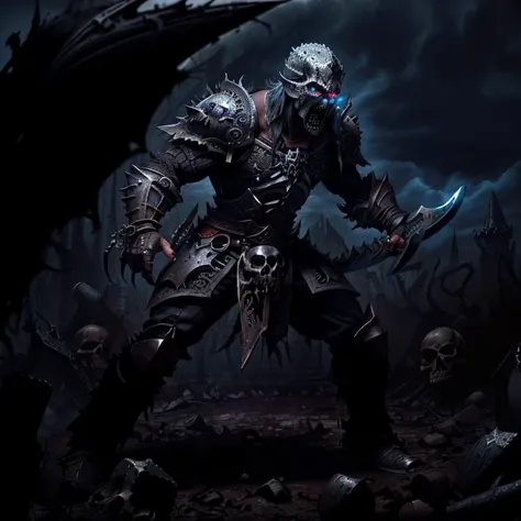 An amazing full body illustration of a (thin but muscular) man wearing edgDeathKnight armor <lora:edg_DeathKnight:0.85>, (holding an GothicPunkAI axe), (charging into battle:1.3), (grim GothicPunkAI full plate armor, gothic print, imprinted skulls:1.25), ((on the battlefield:1.3, muddy, frozen, blizzard, horror, spooky, mystical sky:1.3, fire, detailed cloudscape, outdoors)), intimidating figure, confidence, powerful, best shadow, intricate background, masterpiece, detailed clothes, screaming, textured fabric, (angry face:1.3), (floating debris:1.2), dark shadows, (direct eye contact:1.4), ((action pose, dynamic pose)), sharp focus, cinematic lighting, soft colors, high detail <lora:add_detail:0.45> <lora:GothicHorrorAI:0.65>, dark theme
<lora:lowra_v10:0.7>