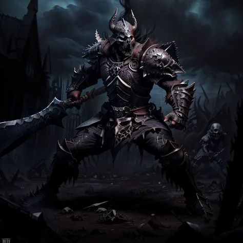 An amazing full body illustration of a (thin but muscular) man wearing edgDeathKnight armor <lora:edg_DeathKnight:0.85>, (holding an GothicPunkAI axe), (charging into battle:1.3), (grim GothicPunkAI full plate armor, gothic print, imprinted skulls:1.25), ((on the battlefield:1.3, muddy, frozen, blizzard, horror, spooky, mystical sky:1.3, fire, detailed cloudscape, outdoors)), intimidating figure, confidence, powerful, best shadow, intricate background, masterpiece, detailed clothes, screaming, textured fabric, (angry face:1.3), (floating debris:1.2), dark shadows, (direct eye contact:1.4), ((action pose, dynamic pose)), sharp focus, cinematic lighting, soft colors, high detail <lora:add_detail:0.45> <lora:GothicHorrorAI:0.65>, dark theme
<lora:lowra_v10:0.7>